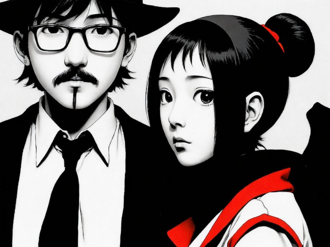 Black and White Illustration of Two Characters