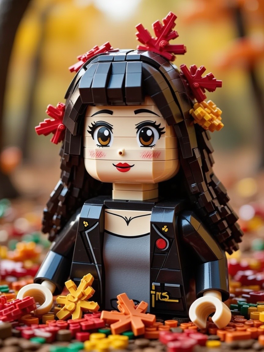 LEGO Figure of Girl Surrounded by Autumn Leaves