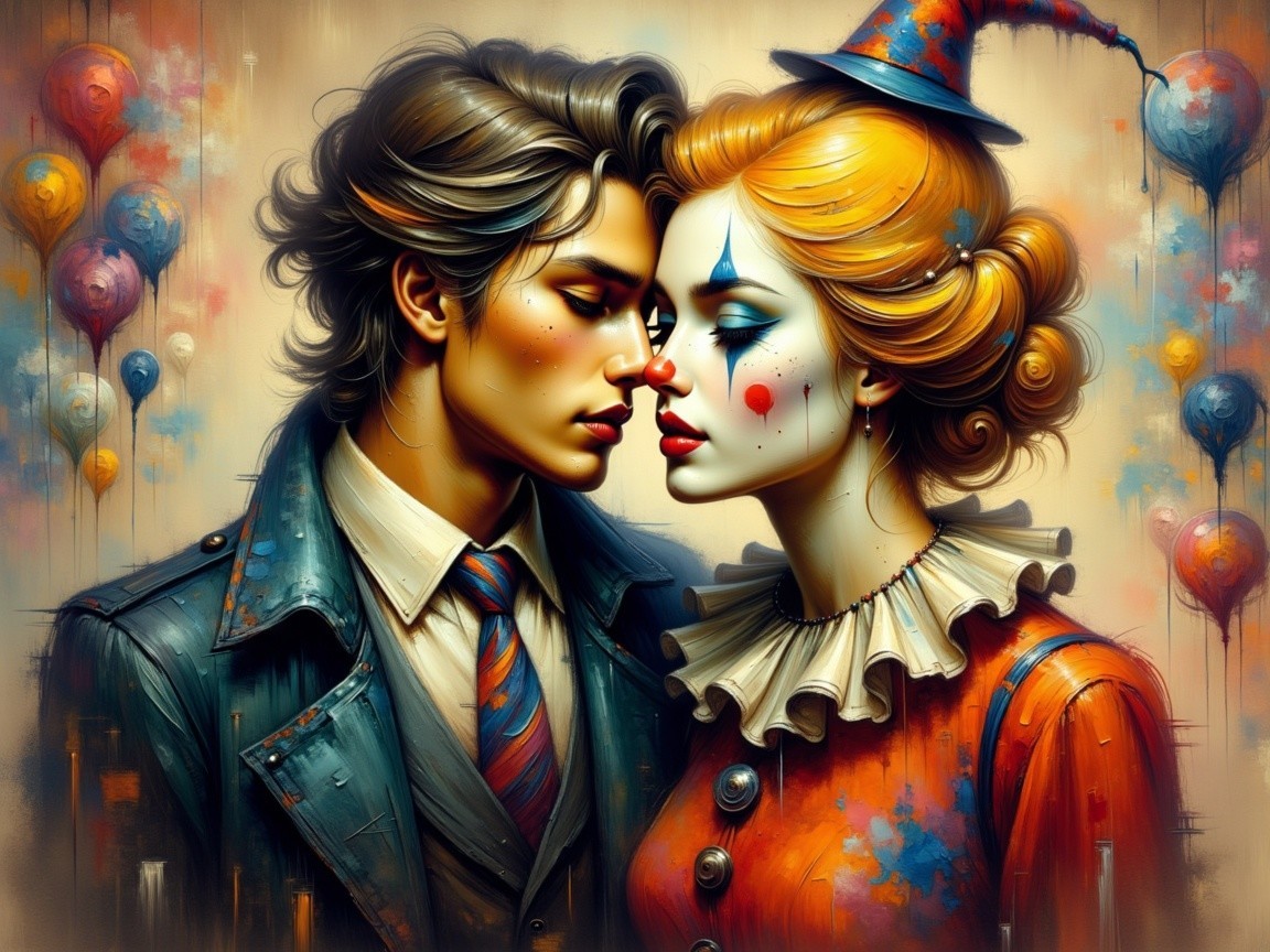 Whimsical Scene of a Couple with Clown and Dapper Attire