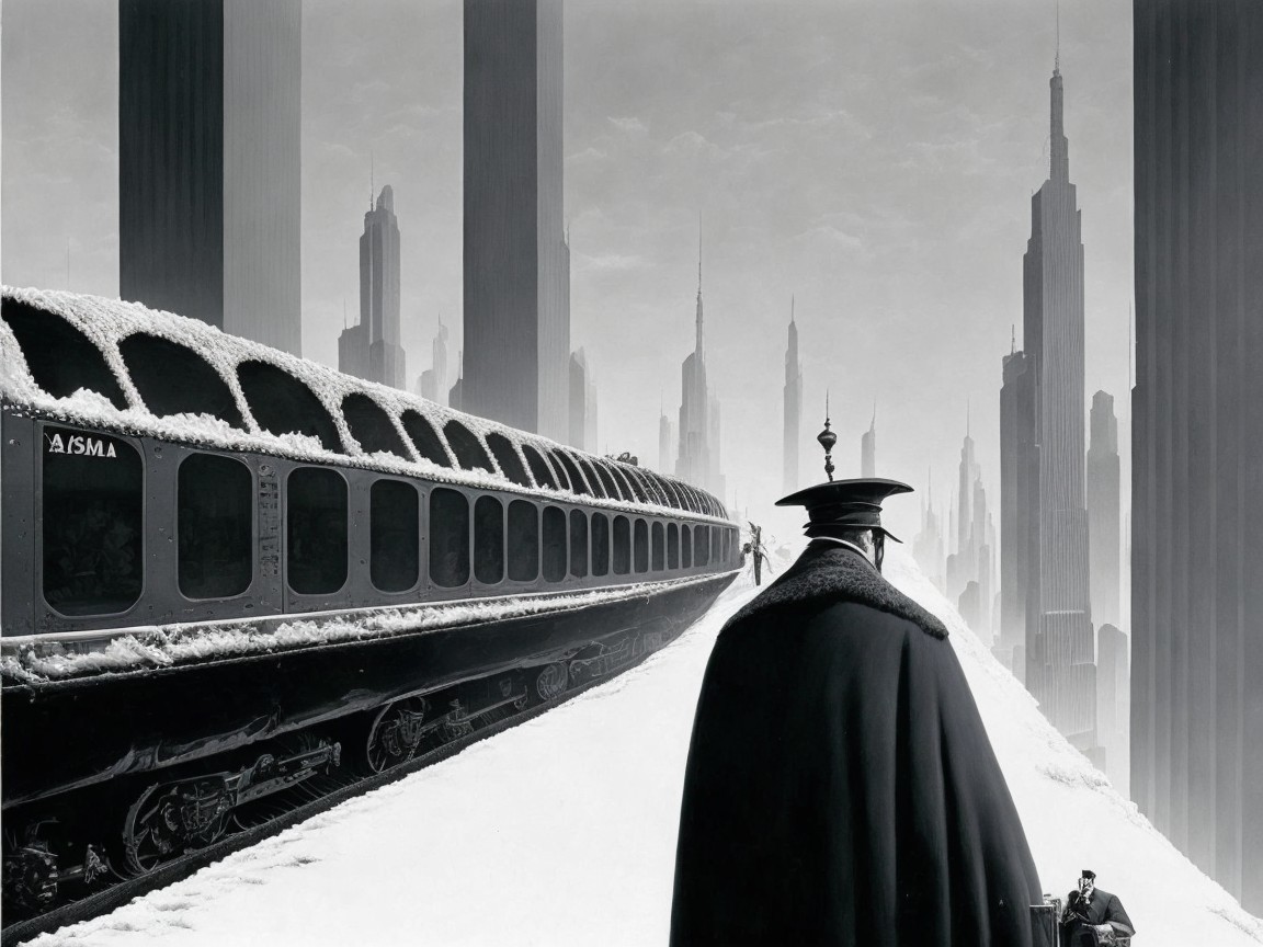 Surreal Scene of Figure on Snowy Train Platform