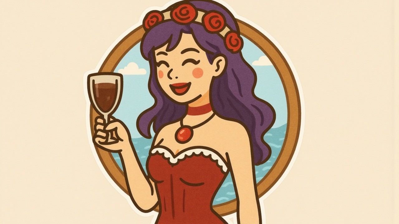 Cheerful Woman in Vintage Red Dress with Wine Glass