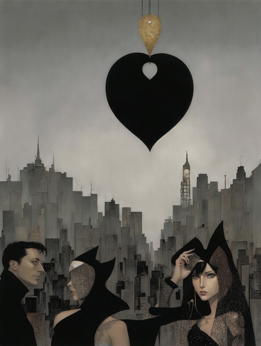 Mysterious Figures in Dark Urban Scene with Heart Pendant