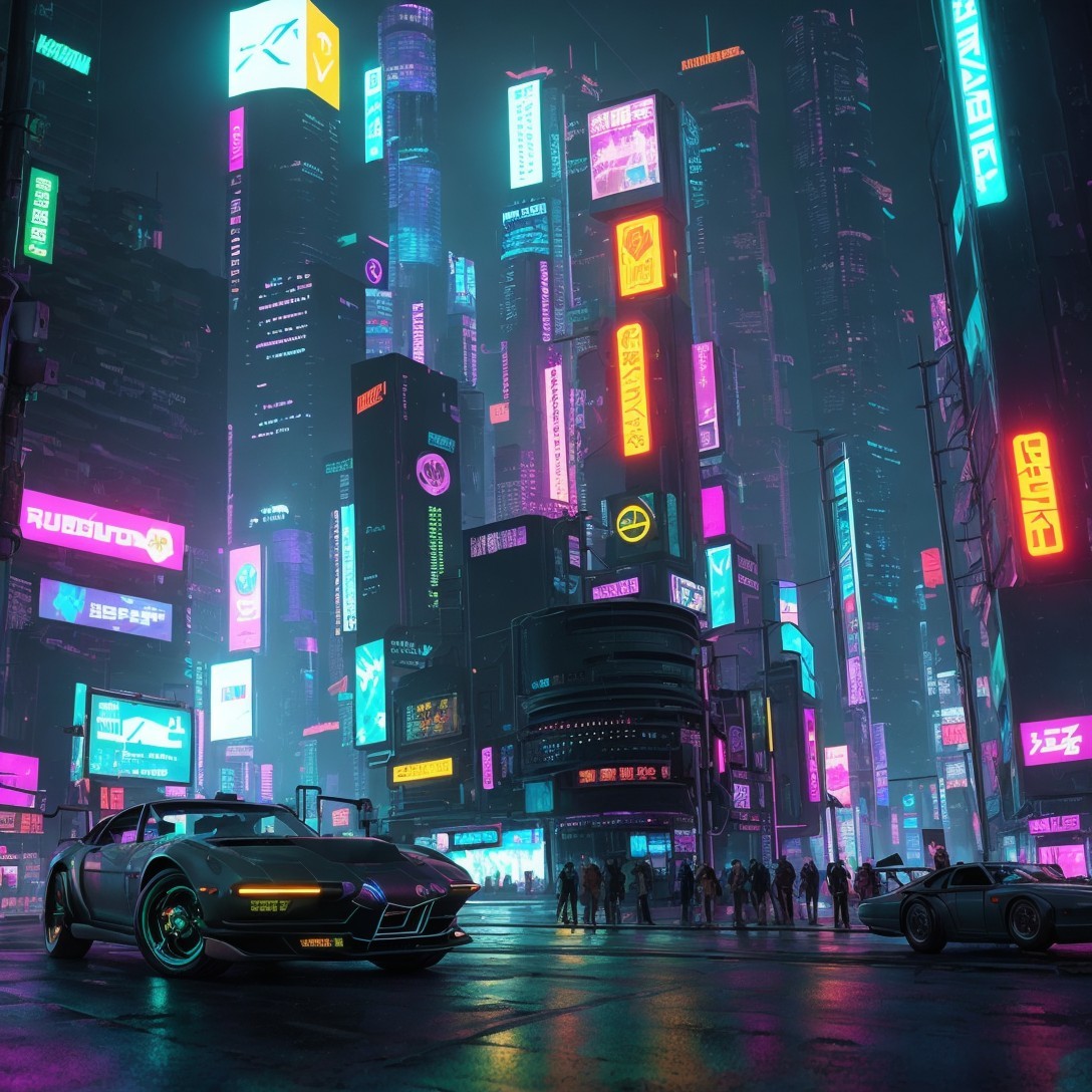 Futuristic cityscape with neon skyscrapers and sports car