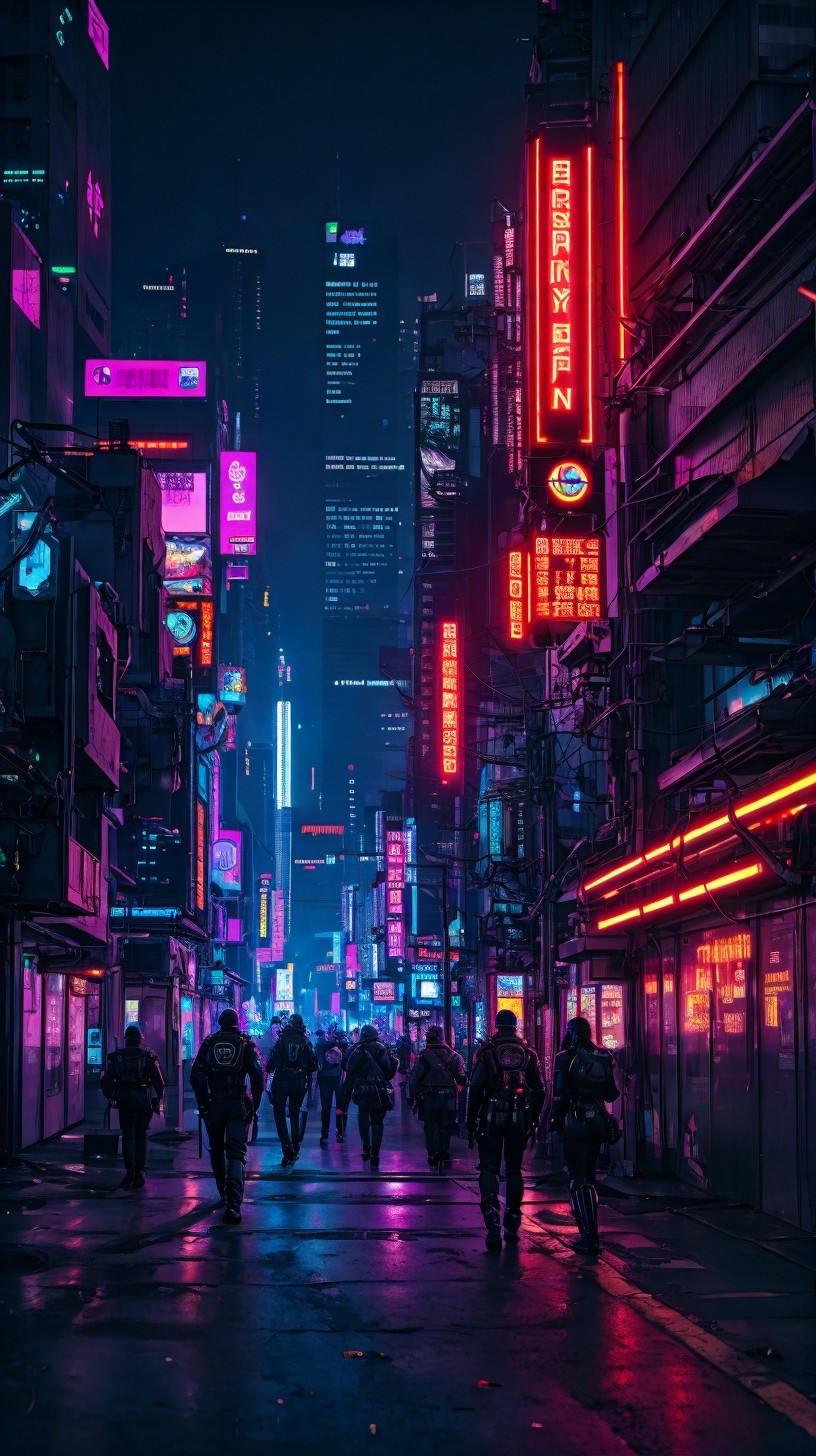 Futuristic neon city street in cyberpunk style
