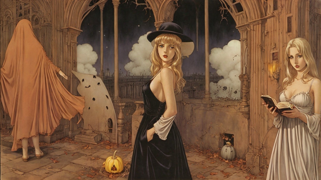 Three Women in a Crumbling Structure with Autumn Elements