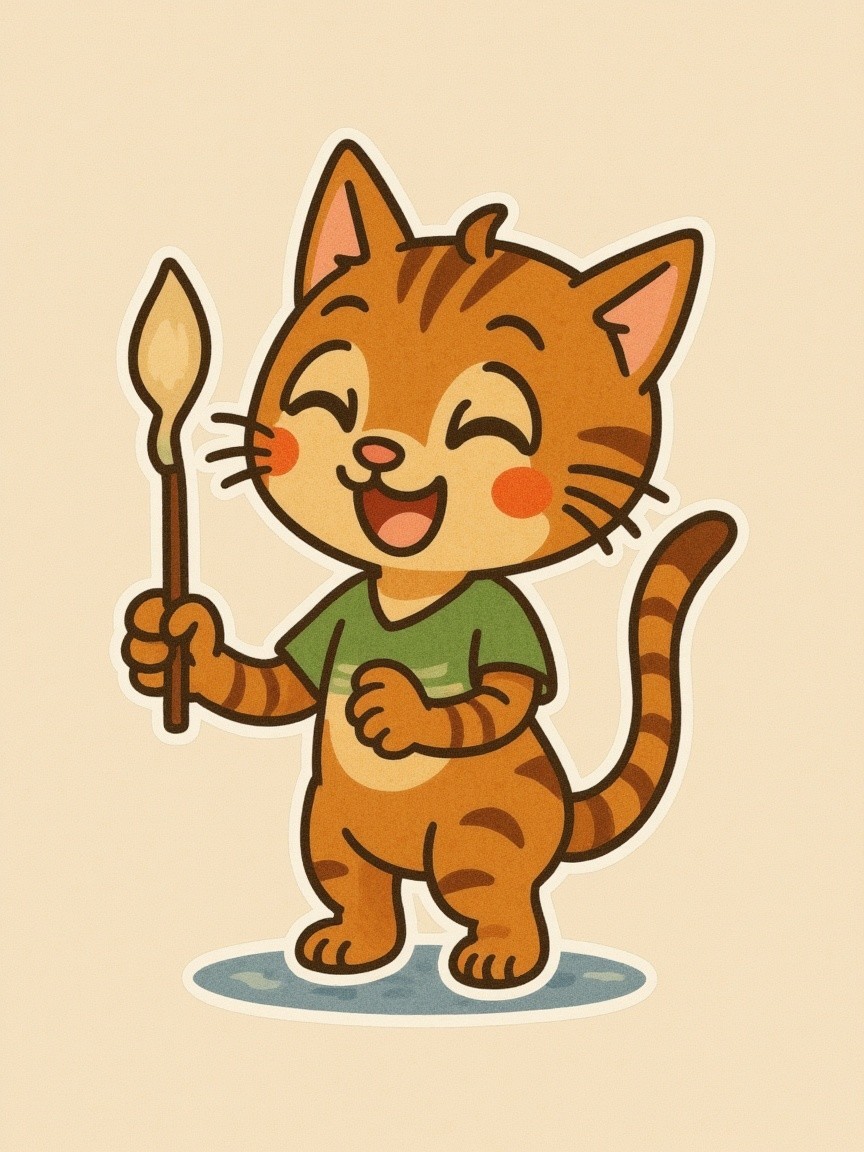 Cartoon Tabby Cat in Green Shirt on Blue Rug