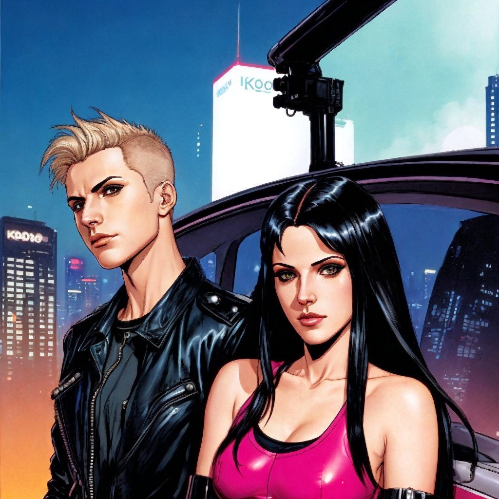 Stylish Characters Against Vibrant City Skyline