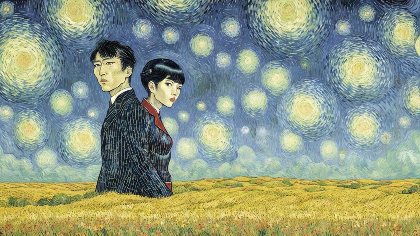 Couple in Wheat Field Under Starry Sky in Van Gogh Style