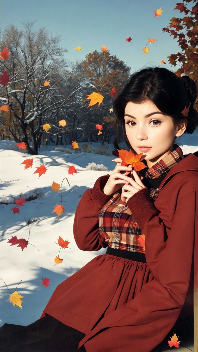 Young woman in maroon outfit against snowy backdrop