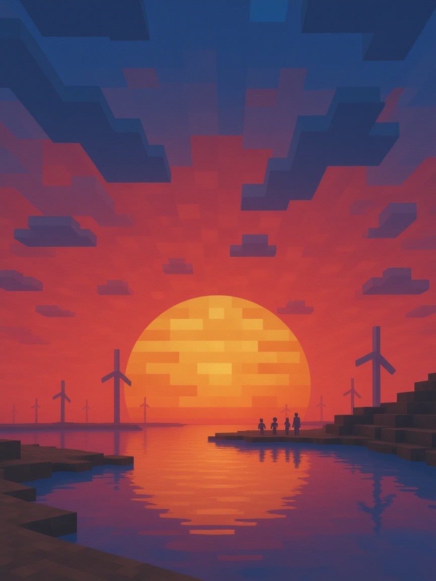 Vibrant Pixel Art of Sunset with Silhouetted Figures