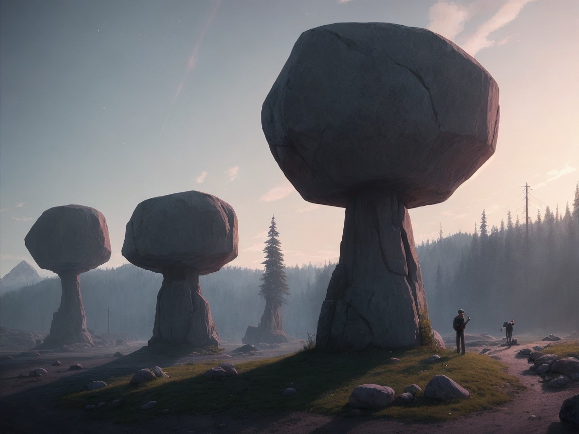 Giant Mushroom Rock Formations in Mystical Landscape