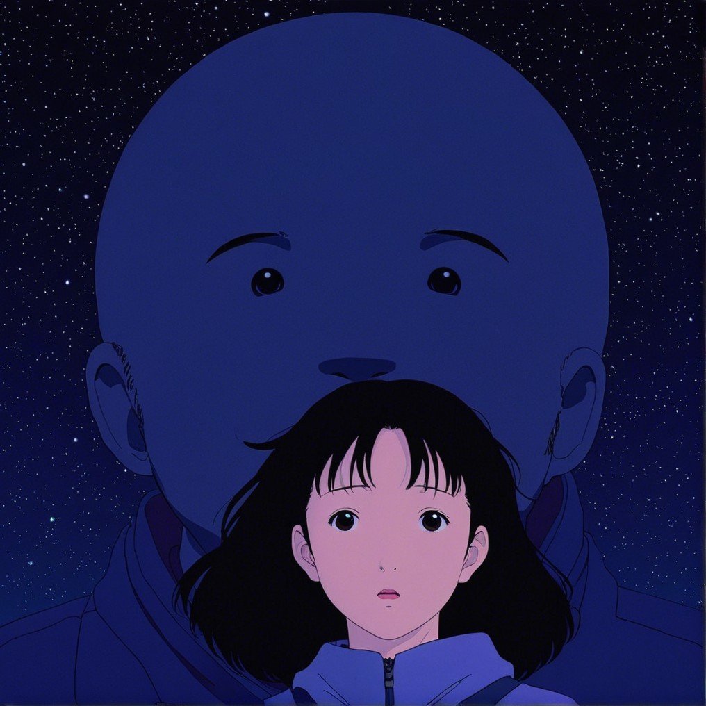 Young woman in blue jacket with shadowy figure backdrop