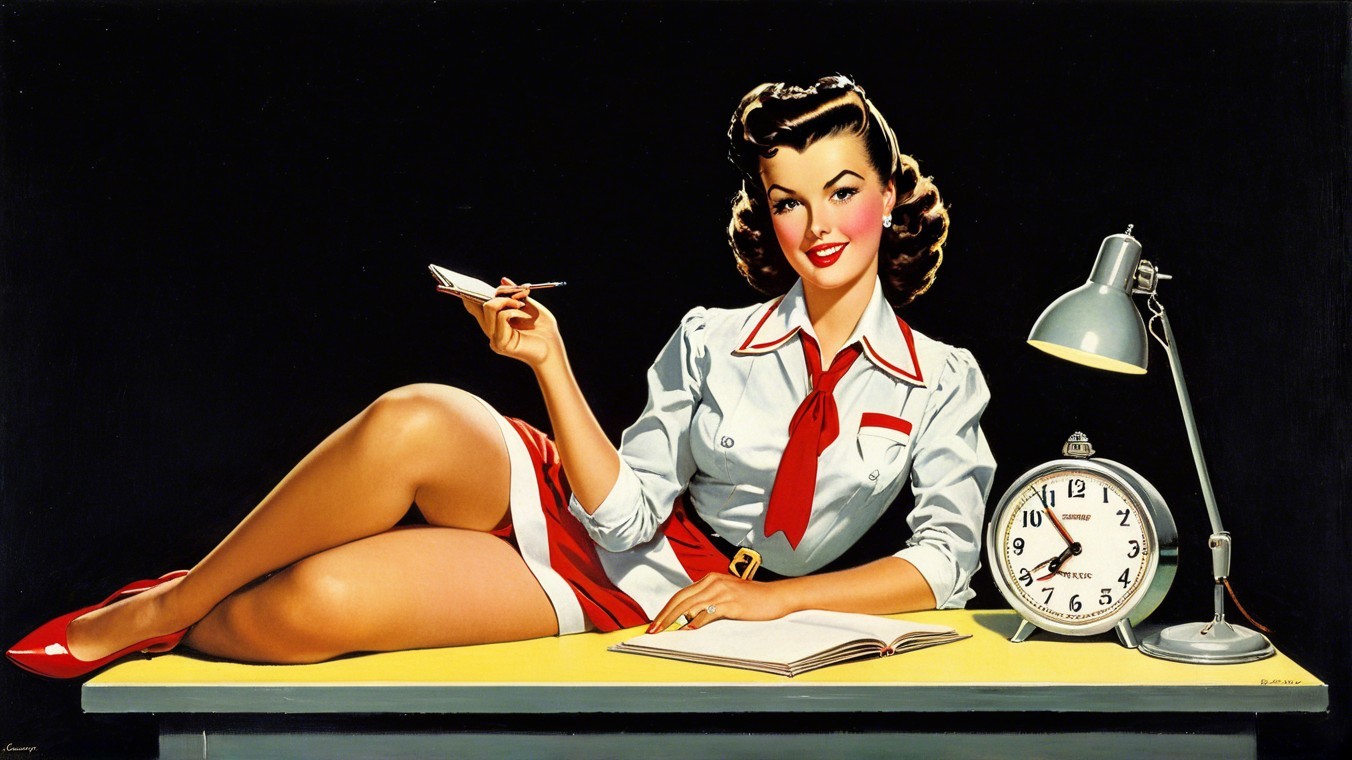 Vintage Illustration of Confident Woman at Desk
