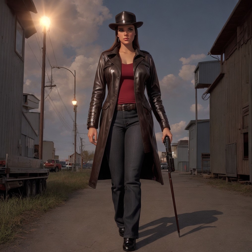 Confident Figure in Leather Coat on Deserted Street