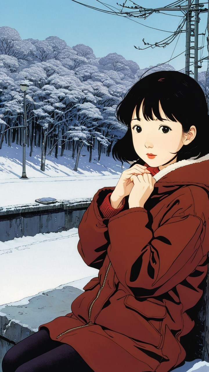 Young girl in red jacket in snowy landscape
