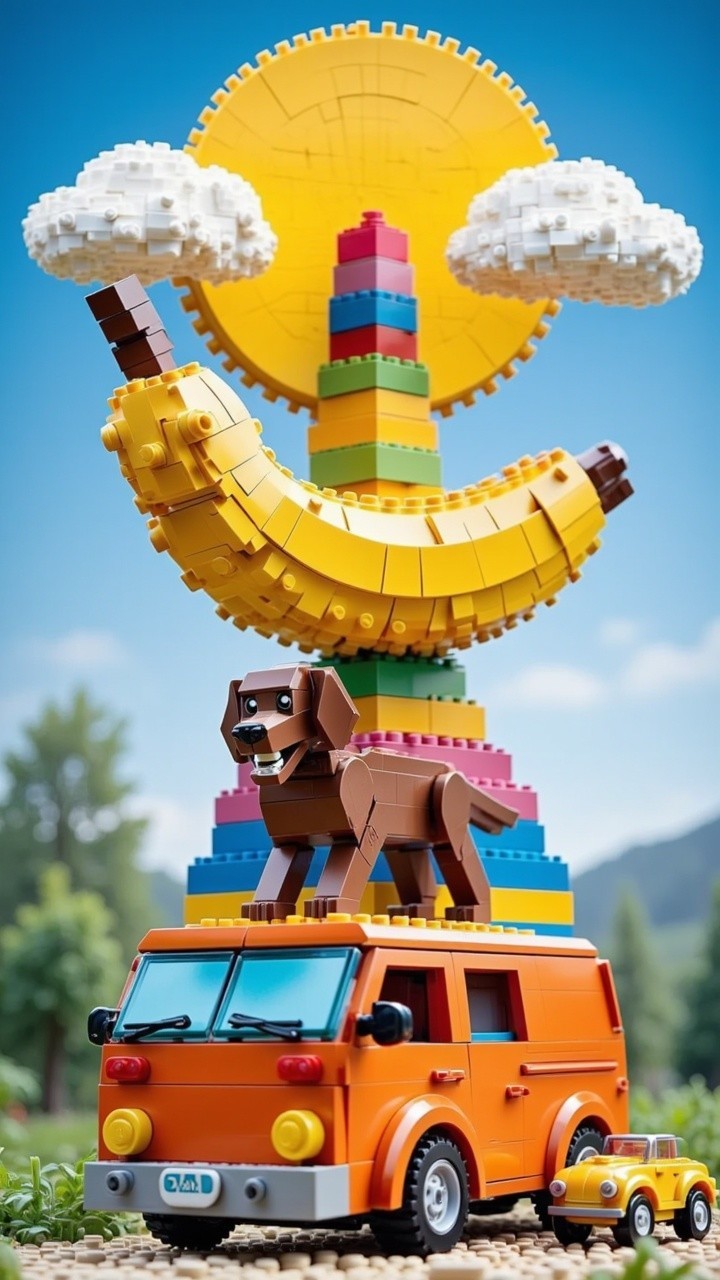 Colorful LEGO Scene with Tower, Van, and Dog