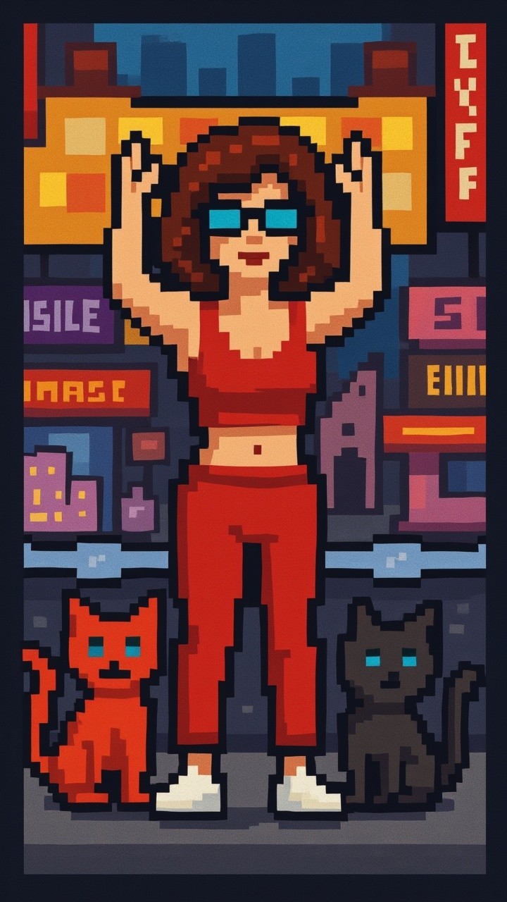 Vibrant Pixel Art Scene of Woman and Two Cats