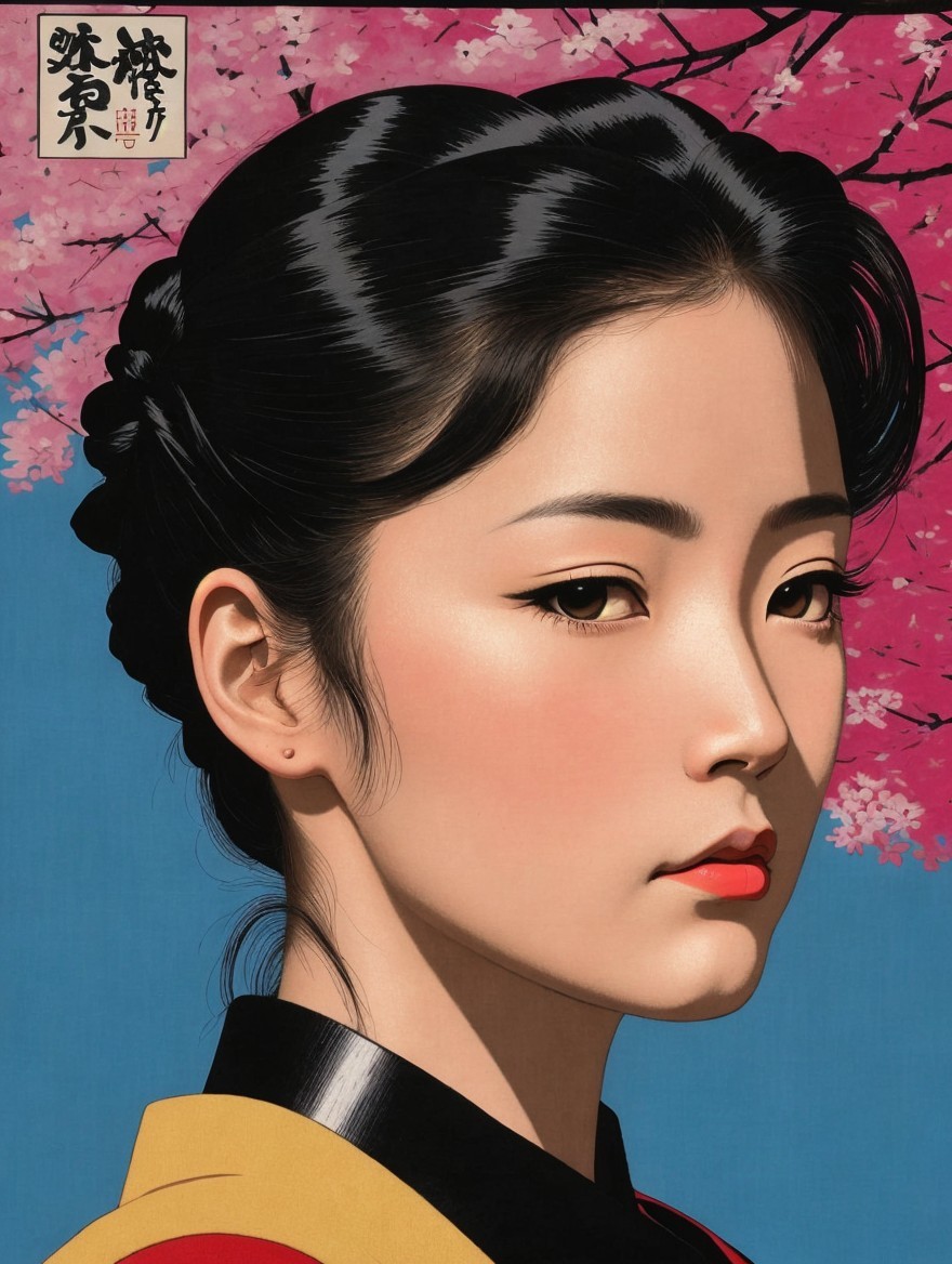 Young Woman in Traditional Japanese Attire with Cherry Blossoms