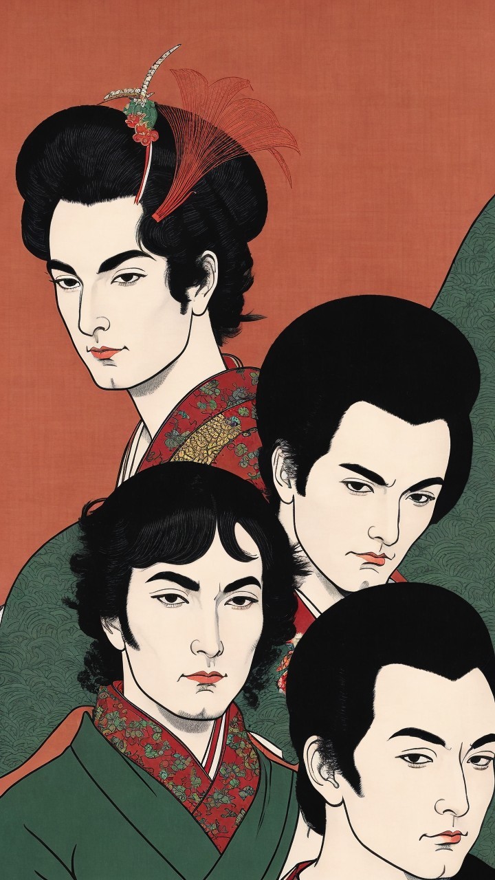 Stylized Figures in Traditional Clothing with Expressions