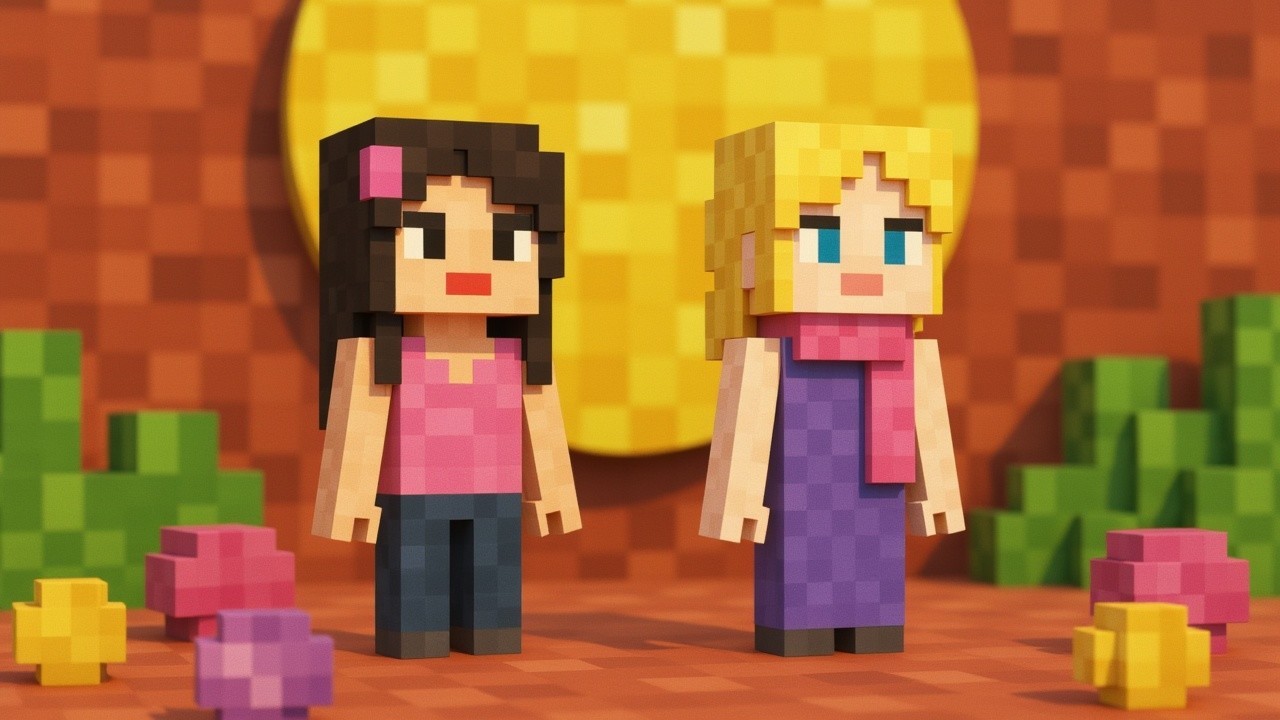 Pixelated Characters in Colorful Minecraft Environment