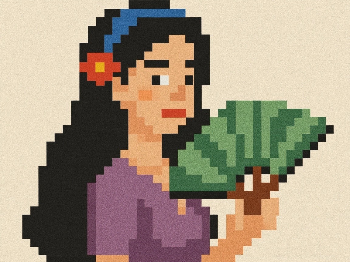 Pixel Art of Young Woman in Colorful Attire