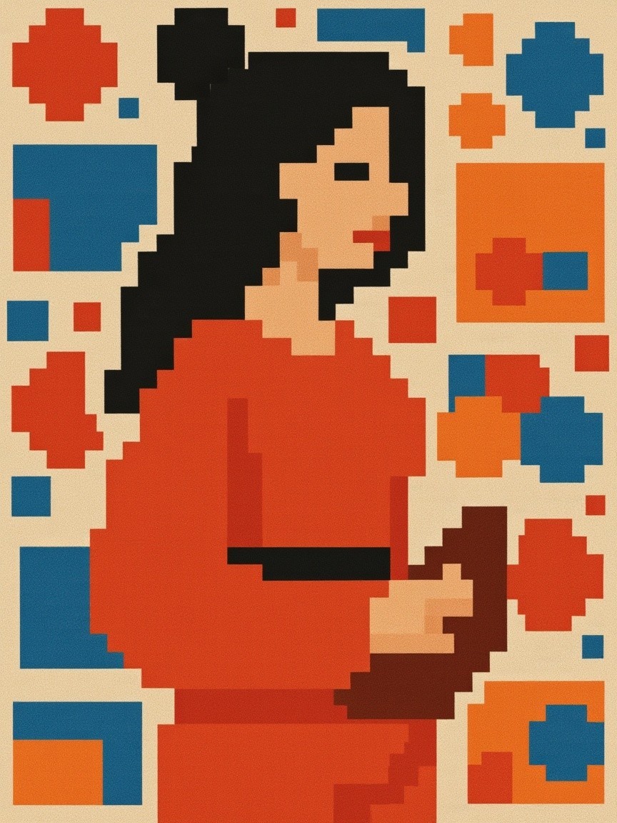 Pixel Art of Woman in Red with Geometric Background