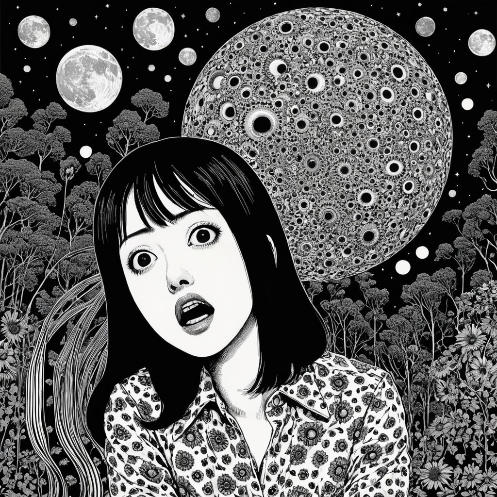 Black-and-white illustration of a surprised woman in space
