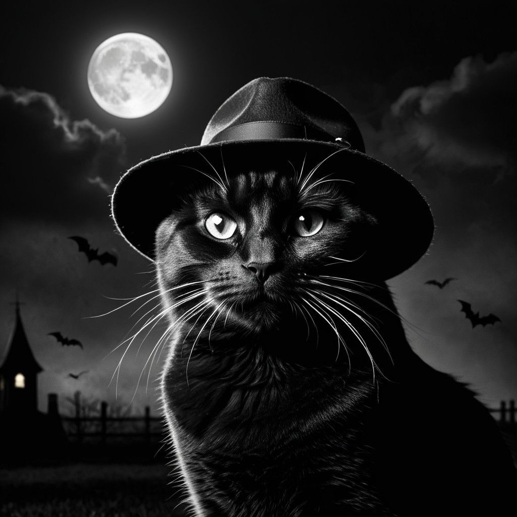 Black and White Cat in Fedora with Spooky Background