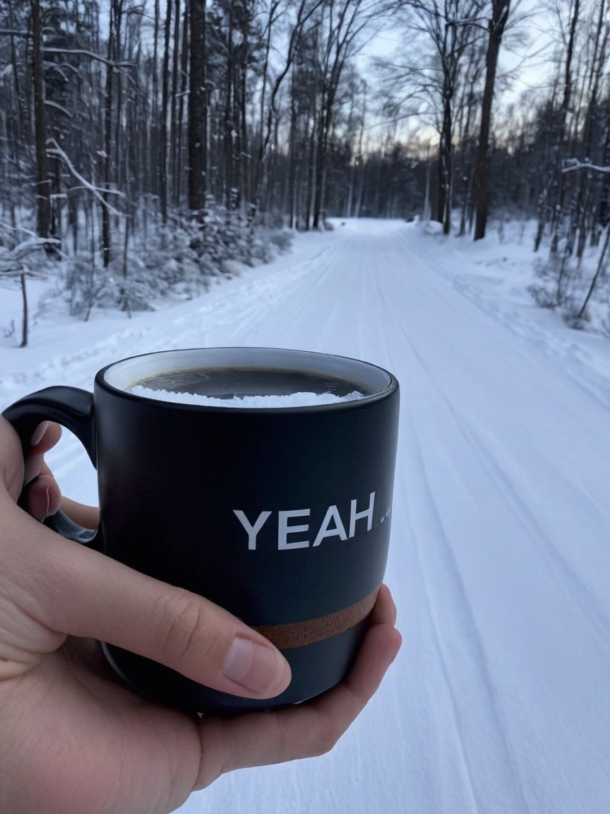 Black Mug with "YEAH" and Winter Landscape Background