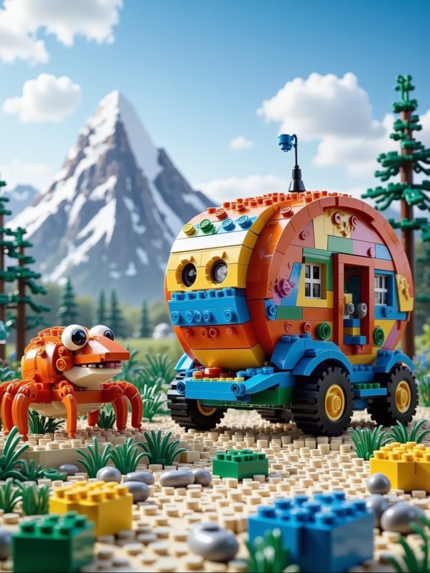 Vibrant LEGO Camper Van in Scenic Outdoor Setting