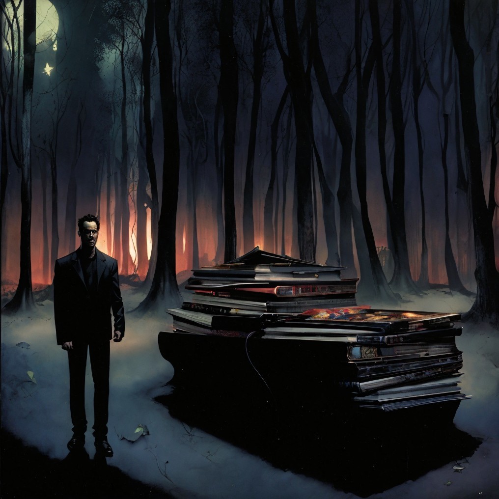 Solitary Figure and Books in a Shadowy Forest Scene
