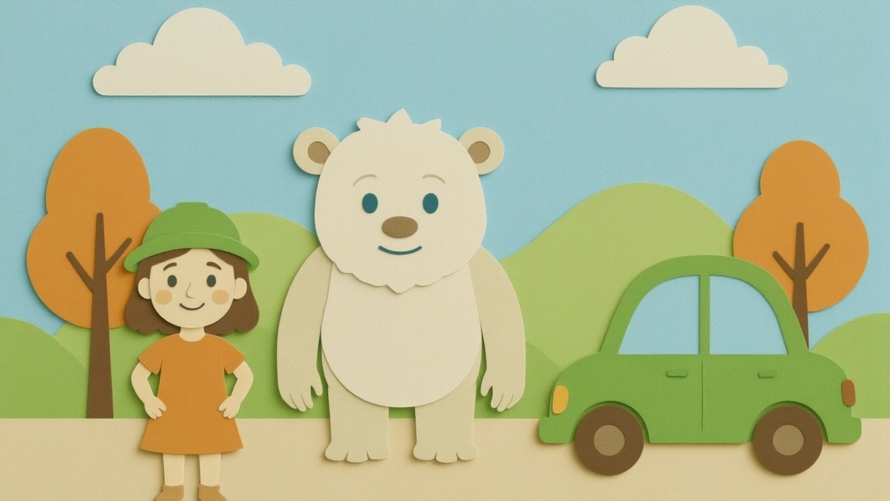 Whimsical Girl and Bear in Colorful Landscape Scene