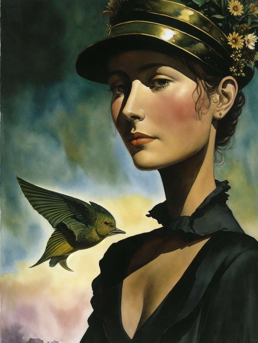 Woman in Dark Outfit with Floral Hat and Bird