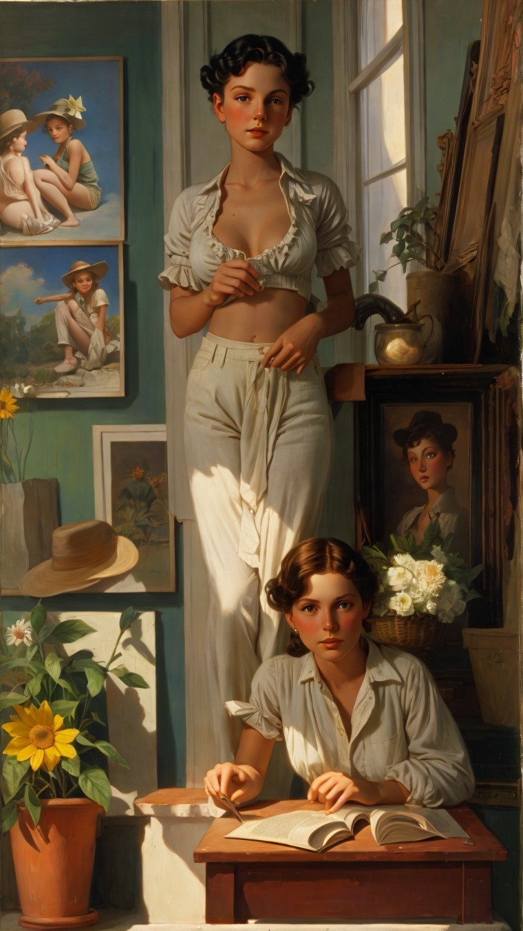 Young Women in Sunlit Room with Portraits and Sunflowers