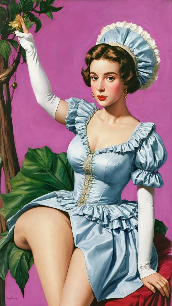 Young woman in light blue dress with ruffles and gloves