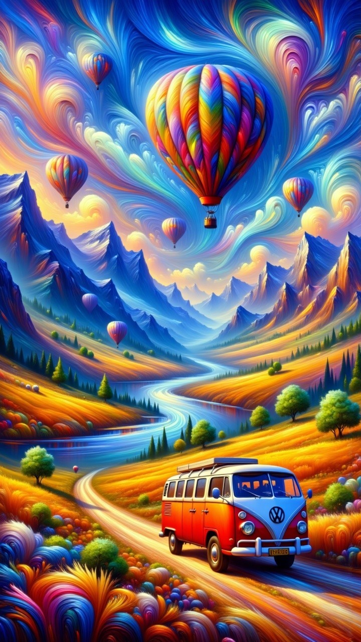 Vibrant Landscape with Volkswagen Van and Balloons