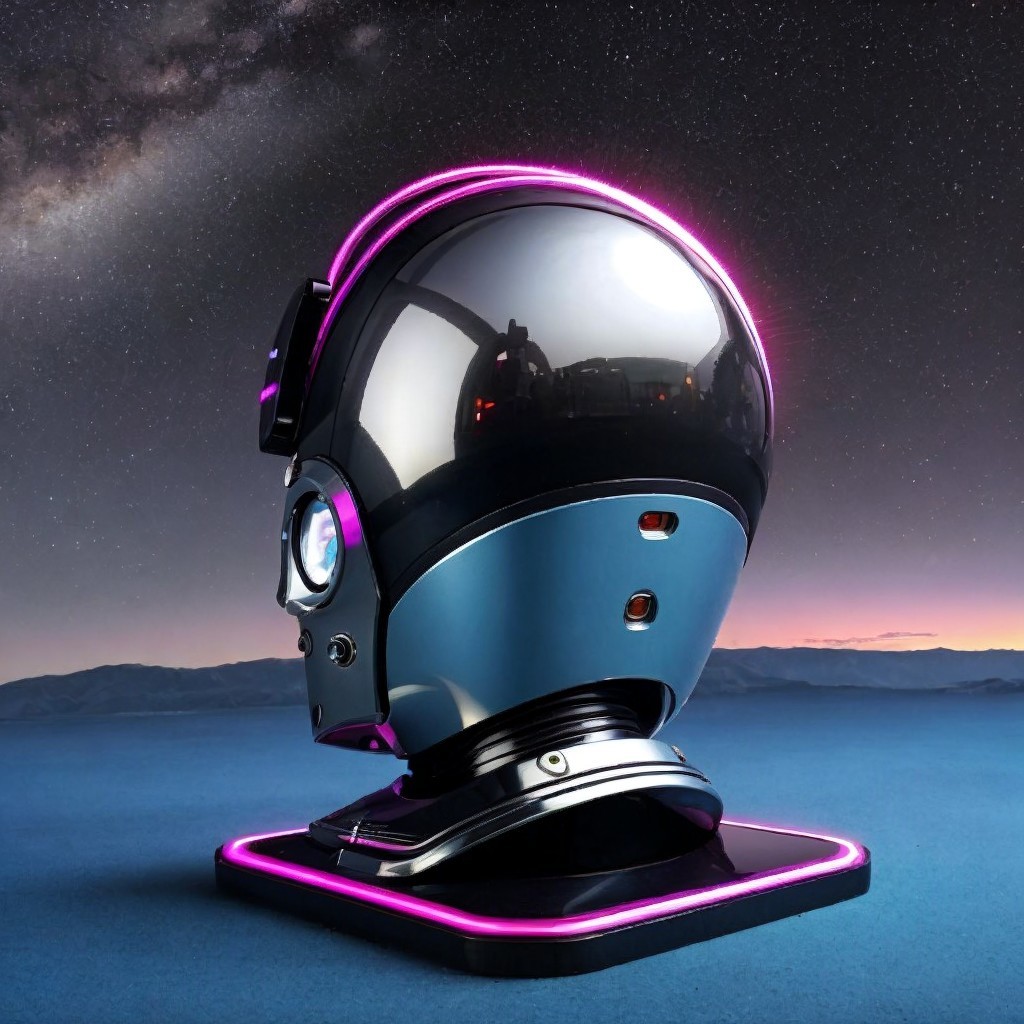 Futuristic Robot Head Sculpture with Chrome Surface