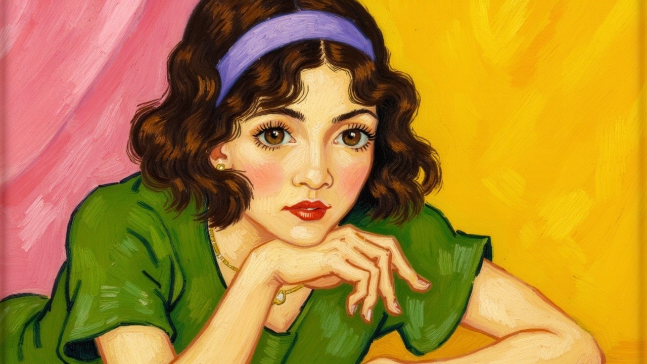 Young Woman with Dark Hair in Colorful Background