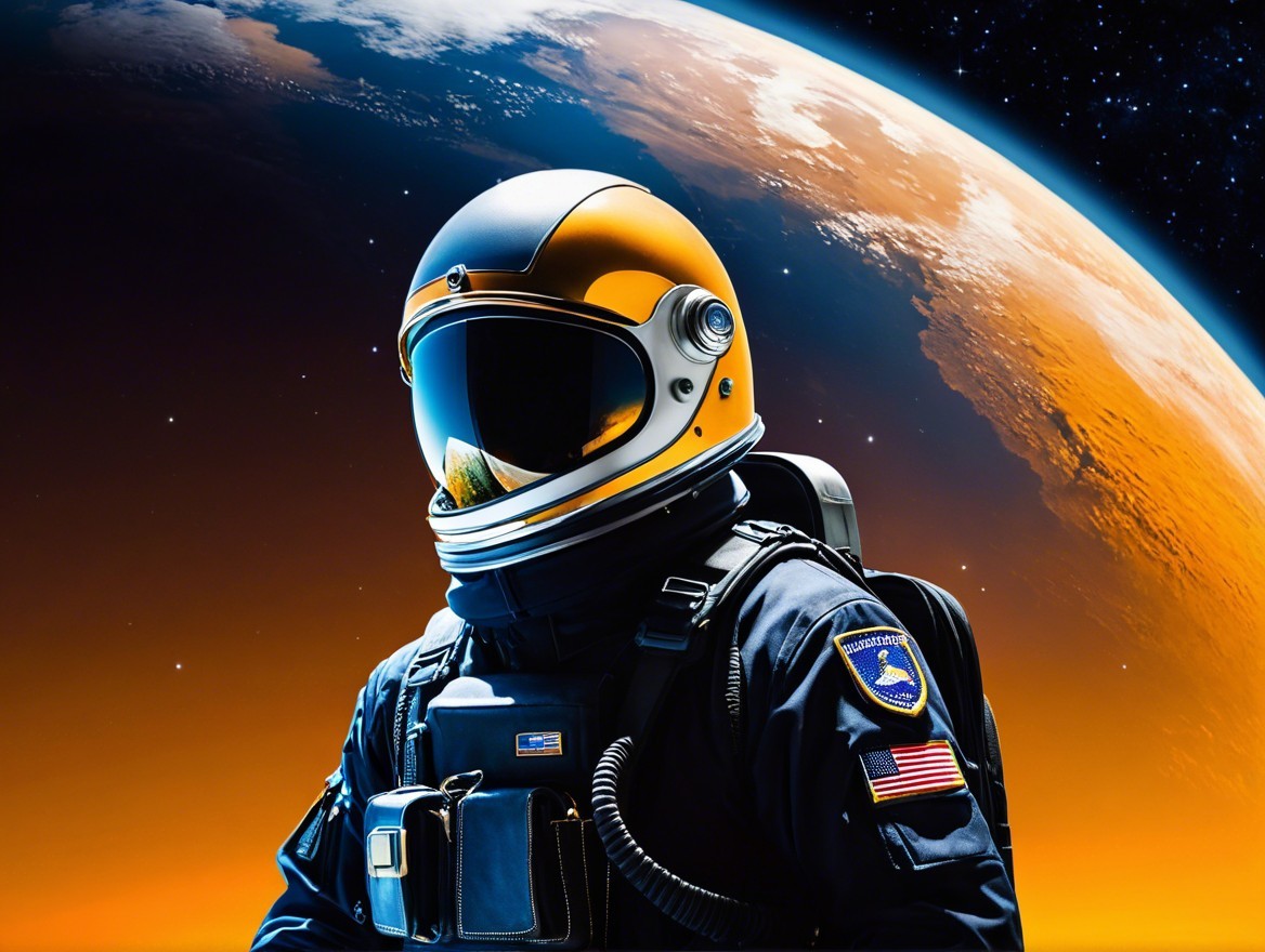 Astronaut in High-Tech Suit Against Orange Planet Background