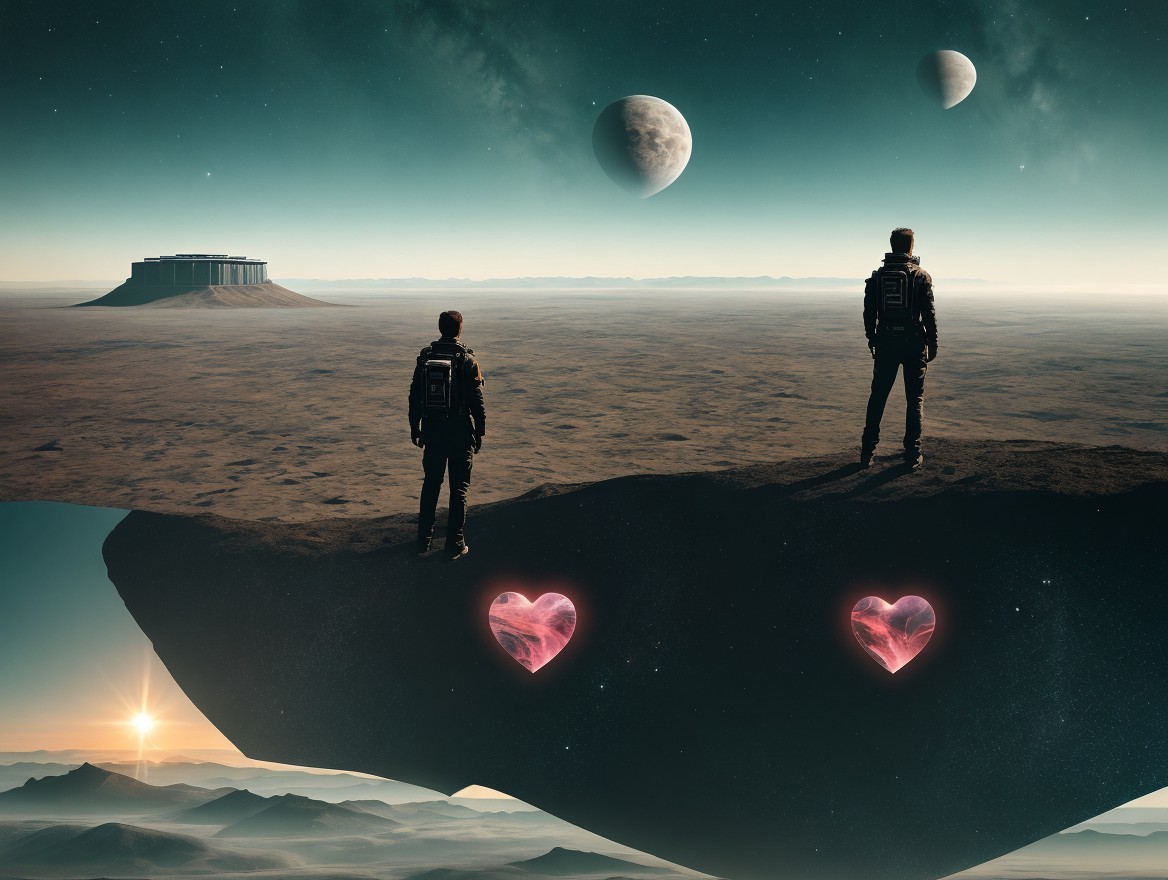 Surreal Landscape with Astronauts and Luminous Hearts