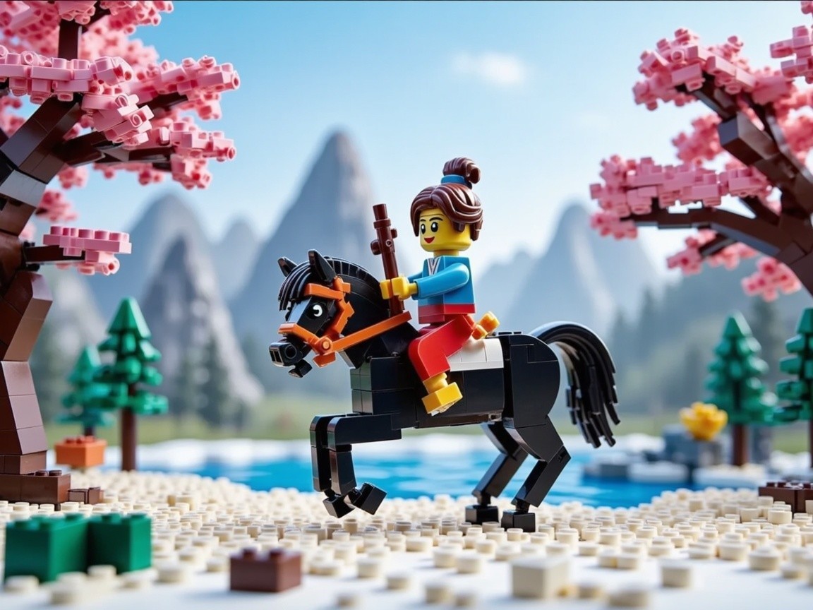 Lego Landscape with Cheerful Figure and Black Horse