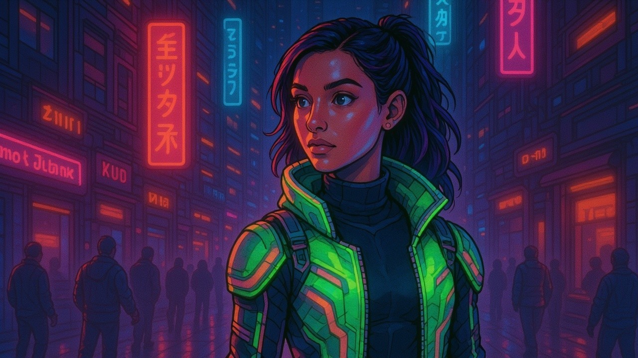 Futuristic cityscape with neon lights and a young woman