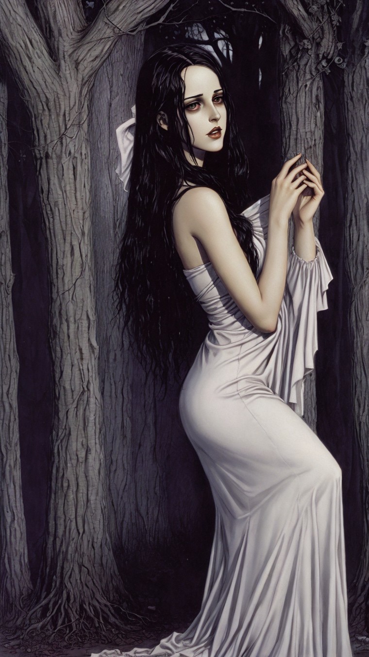 Pale Woman in White Gown in Shadowy Forest Setting