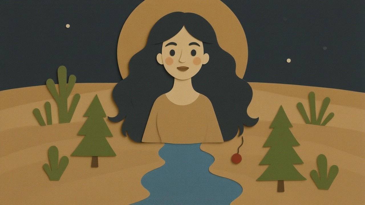 Serene Woman in Nighttime Landscape with River