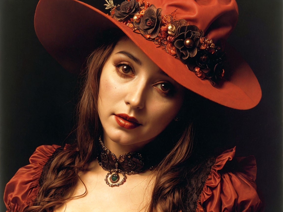 Portrait of a Woman in a Red Hat with Vintage Attire