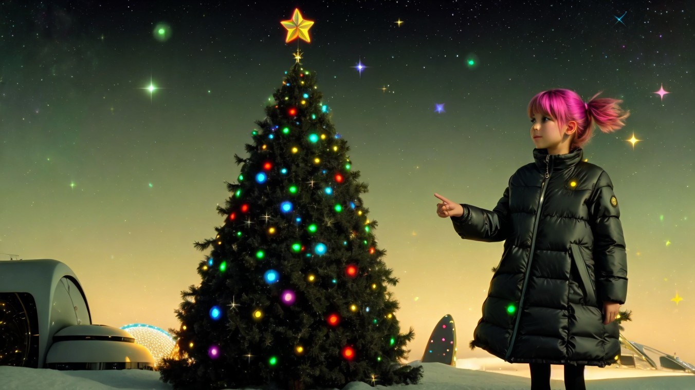 Young girl with pink hair by a decorated Christmas tree