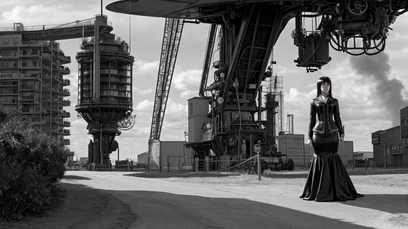 Solitary Figure in Black Gown in Industrial Landscape