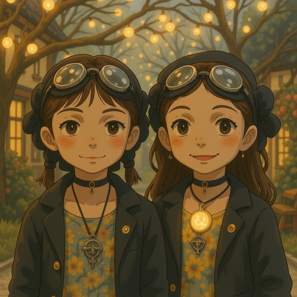 Identical girls in vintage attire under fairy lights