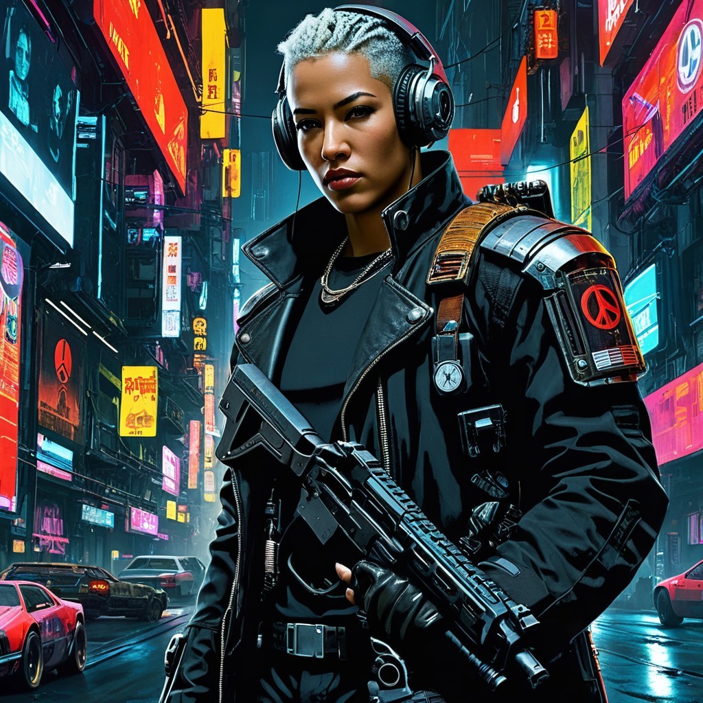 Cyberpunk Cityscape with Confident Female Figure