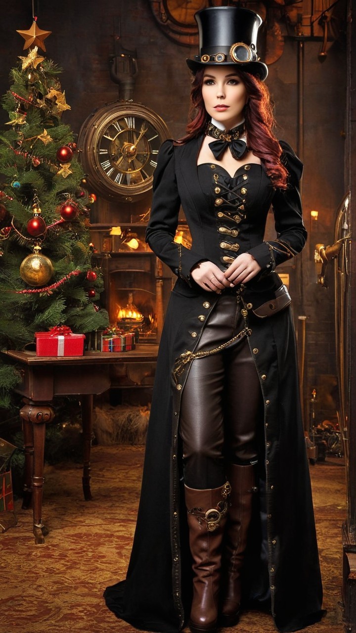 Young Woman in Steampunk Outfit by Christmas Tree